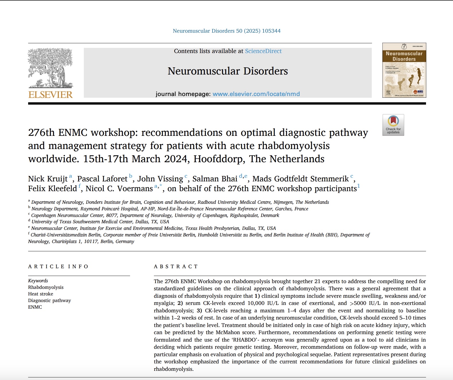 276th ENMC workshop: recommendations on optimal diagnostic pathway and management strategy for patients with acute rhabdomyolysis worldwide. 15th-17th March 2024, Hoofddorp, The Netherlands