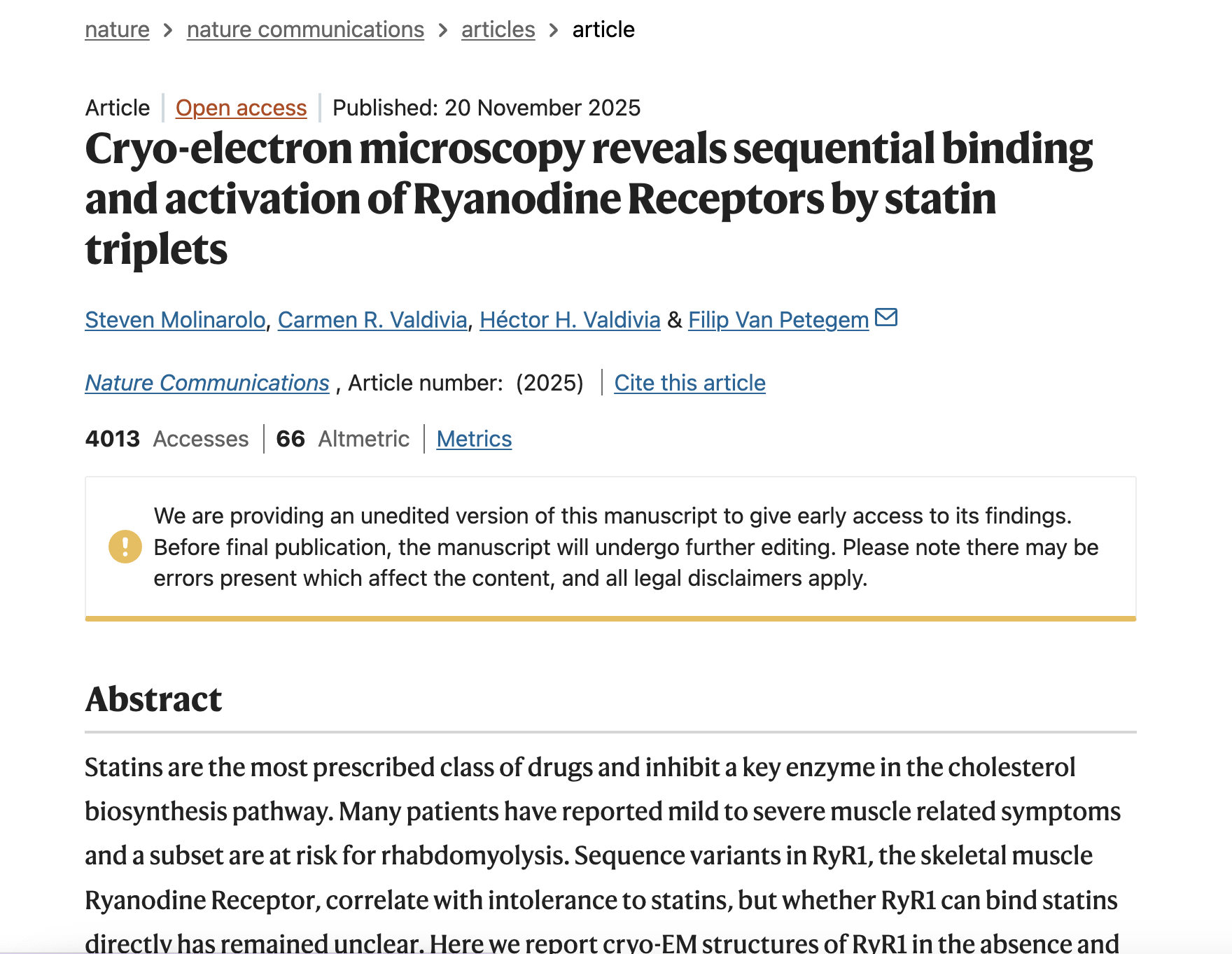 Cryo-electron microscopy reveals sequential binding and activation of Ryanodine Receptors by statin triplets