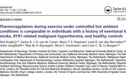 Thermoregulation during exercise under controlled hot ambient conditions is comparable in individuals with a history of exertional heat stroke, RYR1-related malignant hyperthermia, and healthy controls