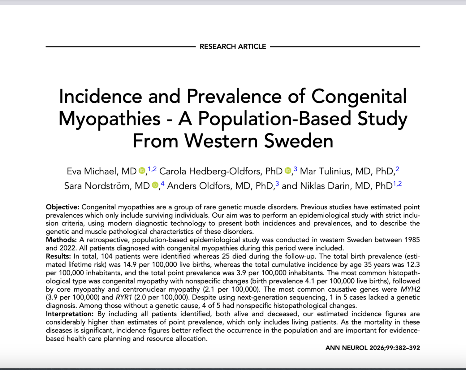 Incidence and Prevalence of Congenital Myopathies – A Population-Based Study From Western Sweden