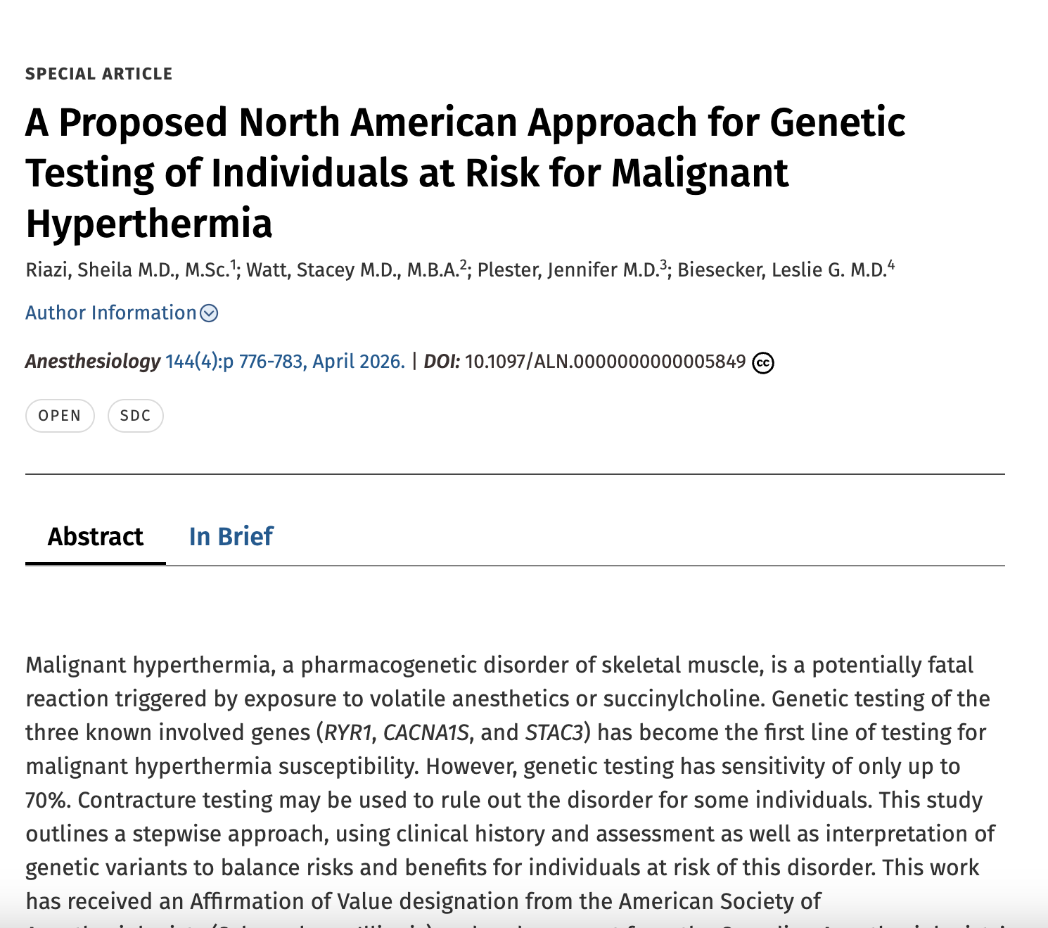 A Proposed North American Approach for Genetic Testing of Individuals at Risk for Malignant Hyperthermia